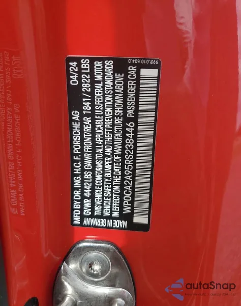 2024 Porsche 911 Carrera из США, поврежденный, VIN WP0CA2A95RS238446